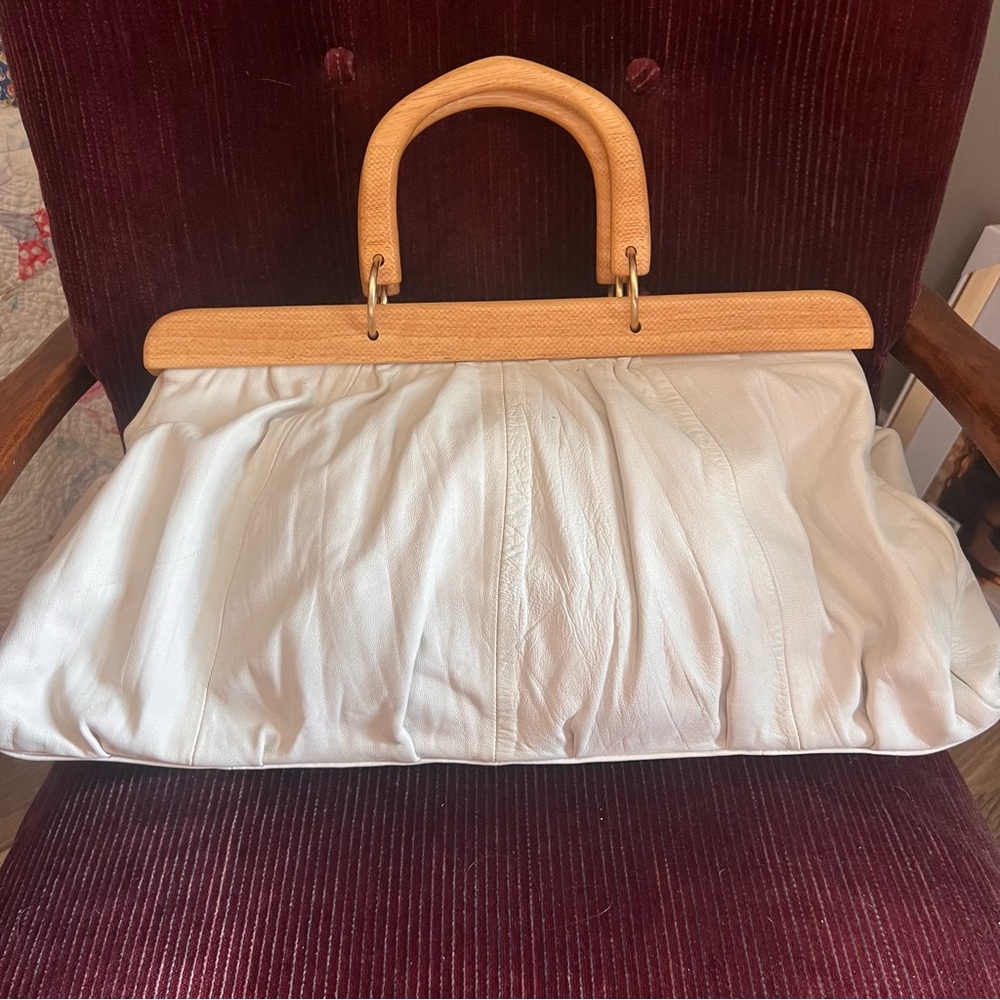 Adrienne Vittadini White Leather Satchel with Wood Accents and Handle